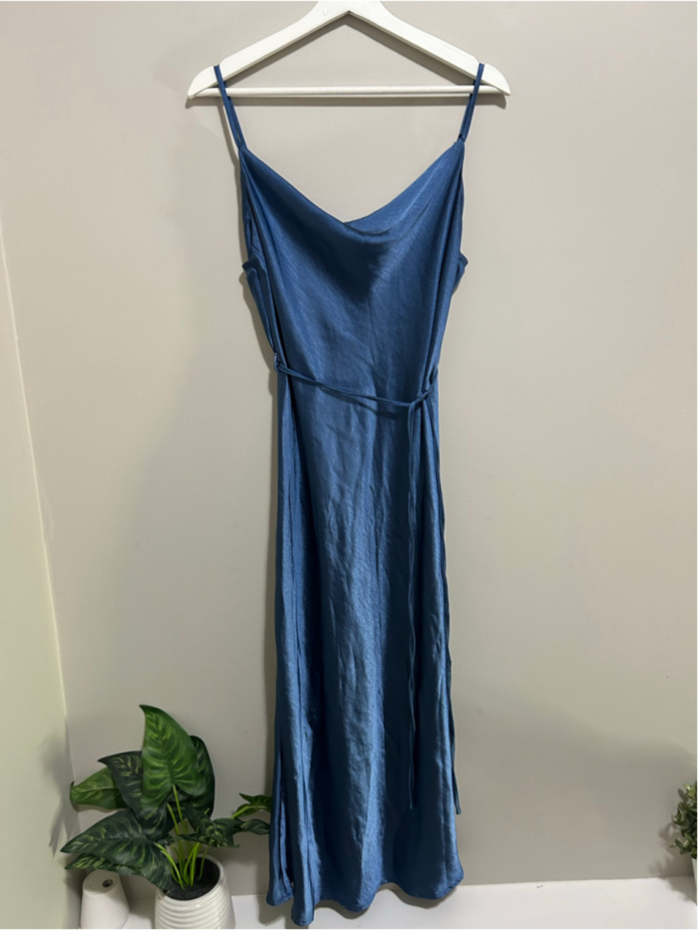 Women's Blue Satin Cowl Neck Maxi Dress Size L